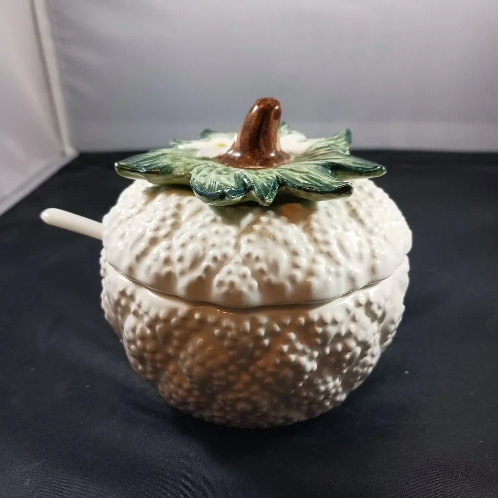 Vintage Majolica Cauliflower Jam Lidded Small Jar
